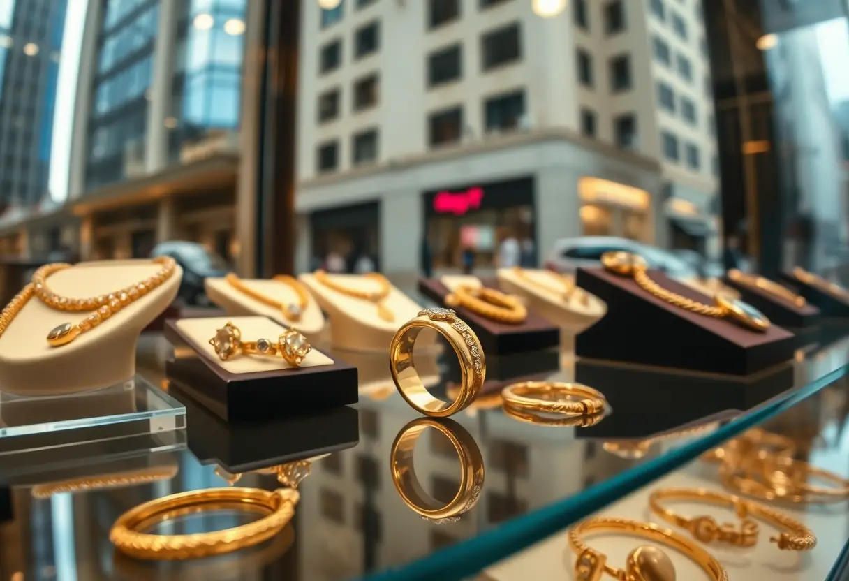 Anneau doré exposé dans une vitrine de magasin, reflétant l'environnement urbain et la richesse du métal