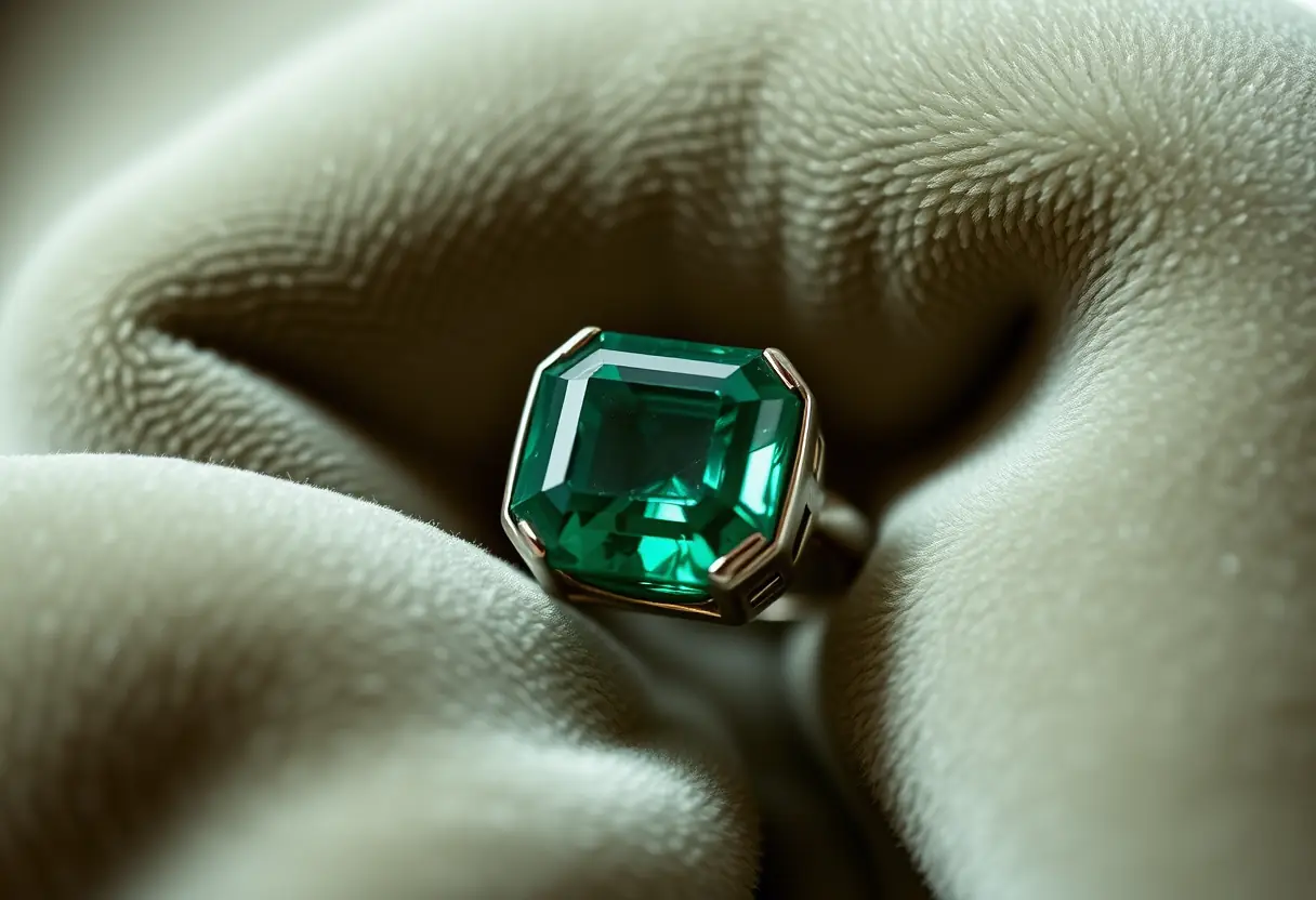 Pierre émeraude taillée dans un anneau moderne, mettant en valeur sa couleur verte profonde