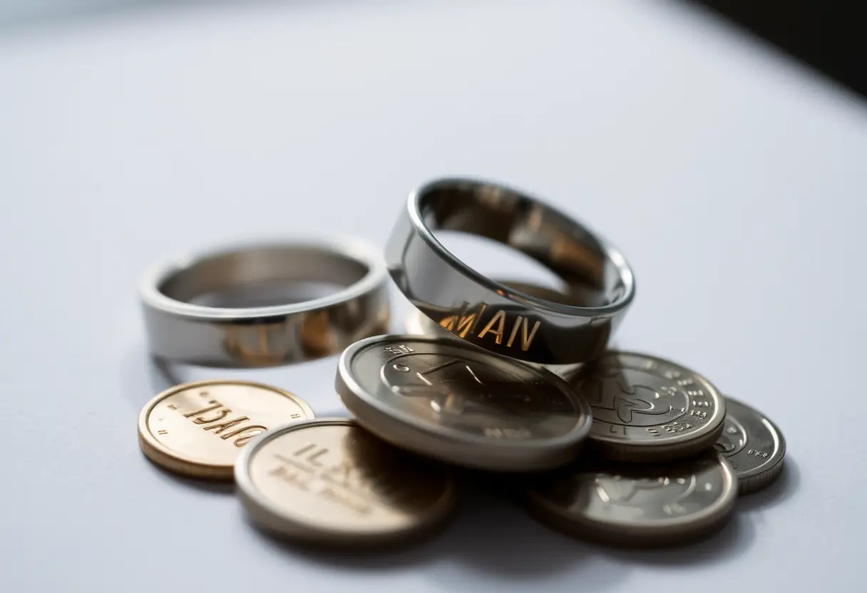 Vue rapprochée d'une bague en argent posée près d'une petite pile de pièces