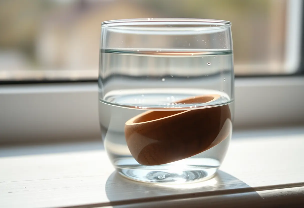 Vue rapprochée d'une bague en bois dans un verre d'eau, éclairée par la lumière du soleil