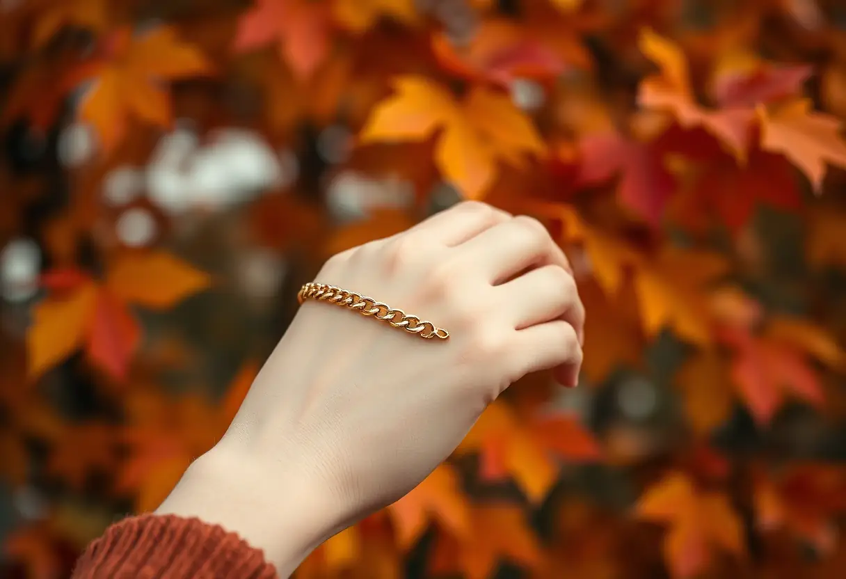 Bras portant un bracelet en chaîne minimaliste, arrière-plan flou de feuilles d'automne