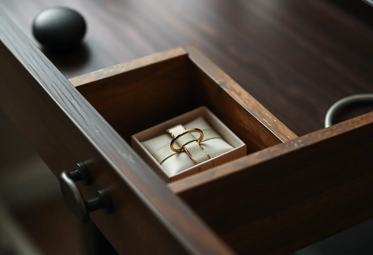 Un tiroir en bois contenant une boîte soigneusement enveloppée avec une bague en croix à l'intérieur