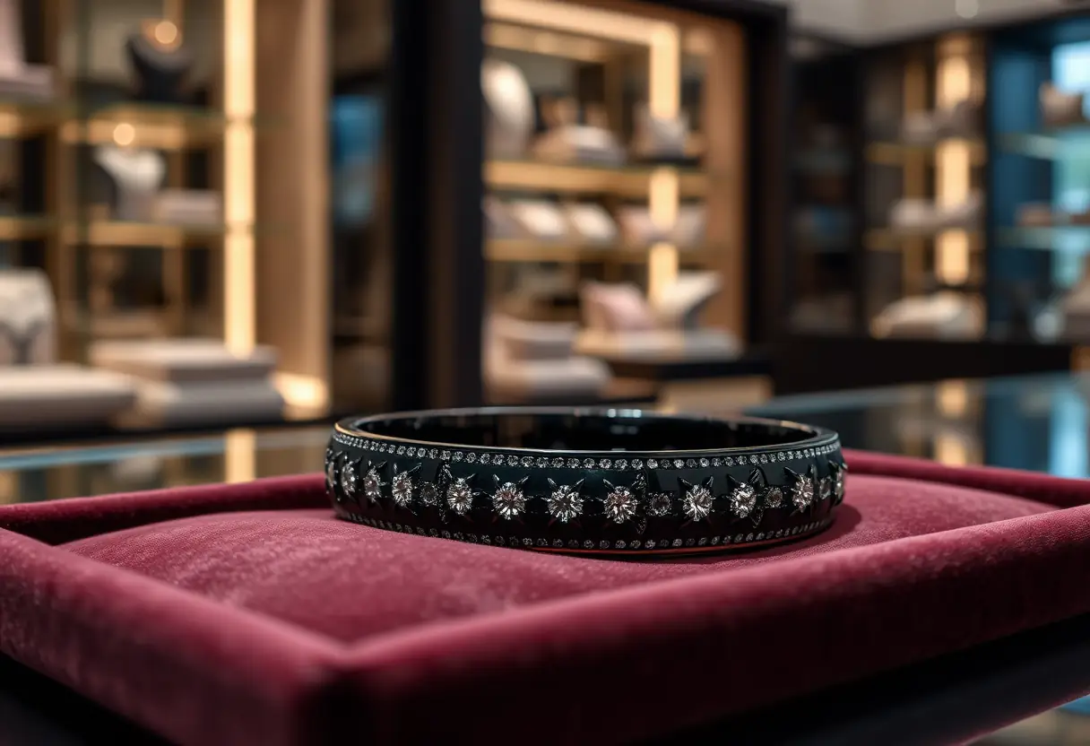 Bracelet en diamant noir sur fond velours dans un magasin de luxe