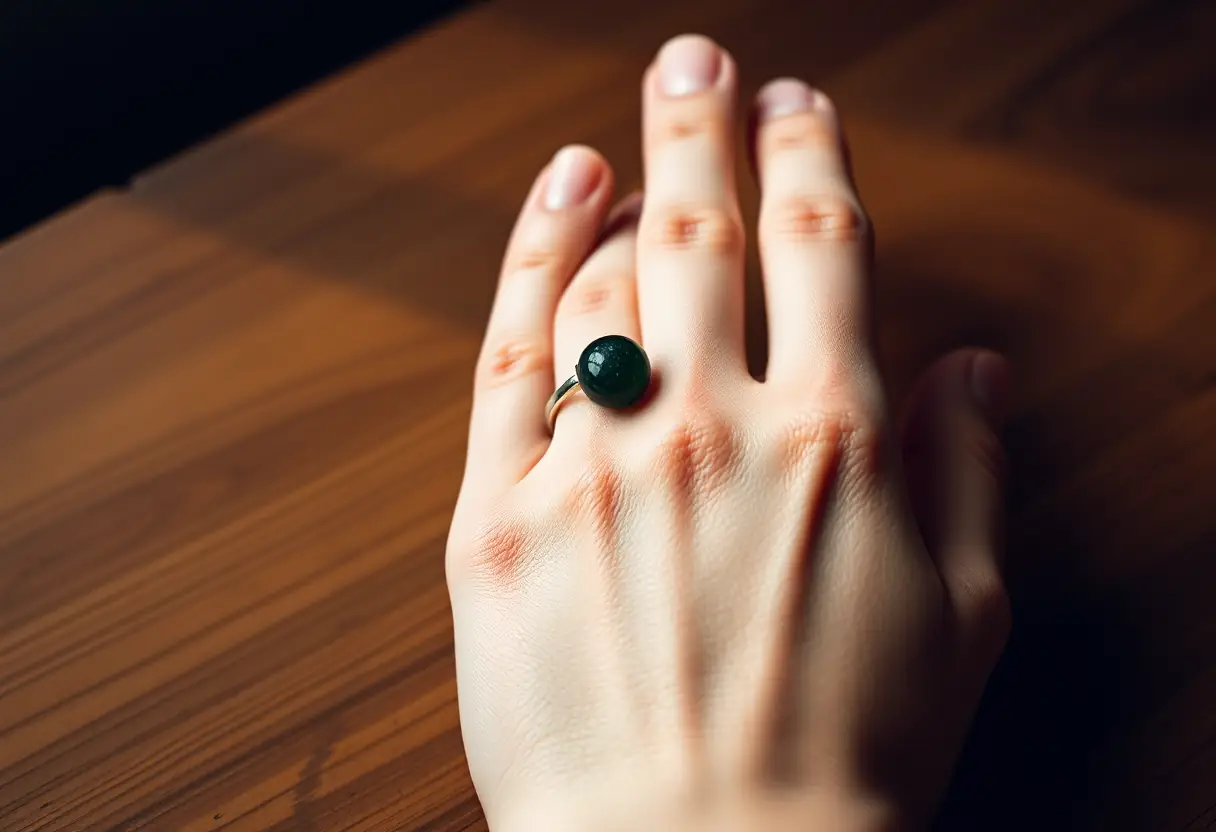 Une main tenant délicatement un anneau en néphrite vert foncé sur une table en bois