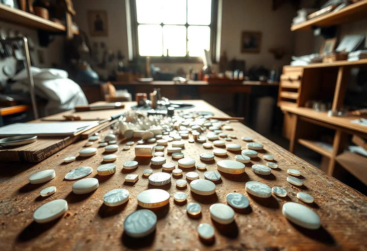 Atelier de joaillerie avec des pièces en nacre non finies sur un bureau en bois