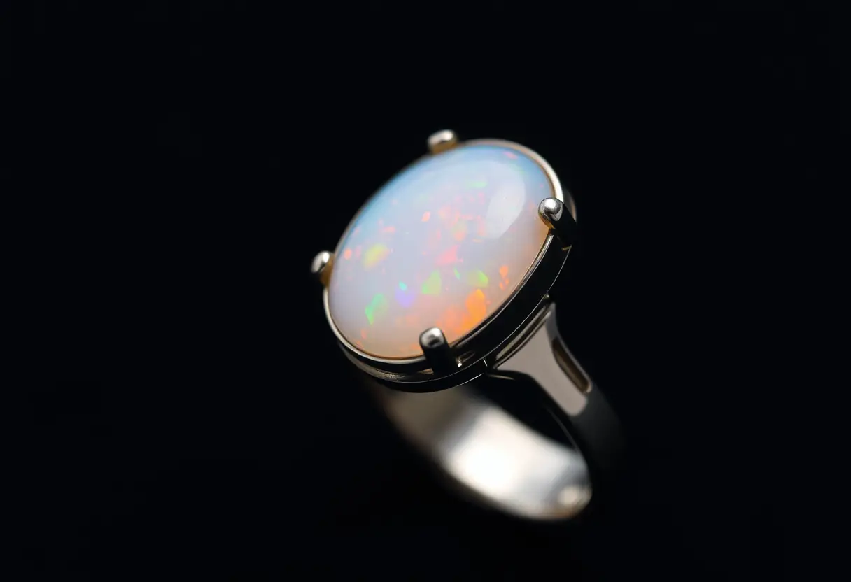 Détail d'une bague en opale avec ses reflets colorés