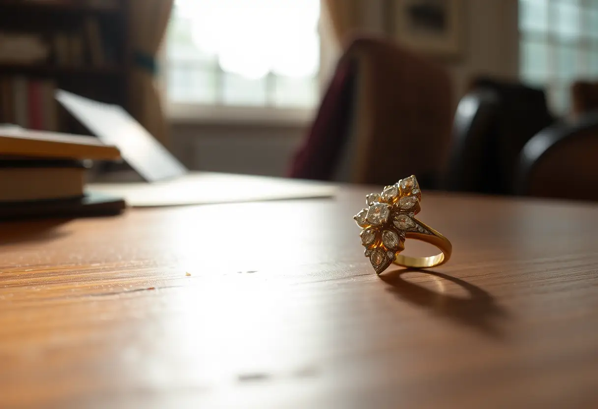 Anneau en or jaune avec plusieurs petits diamants sur un bureau