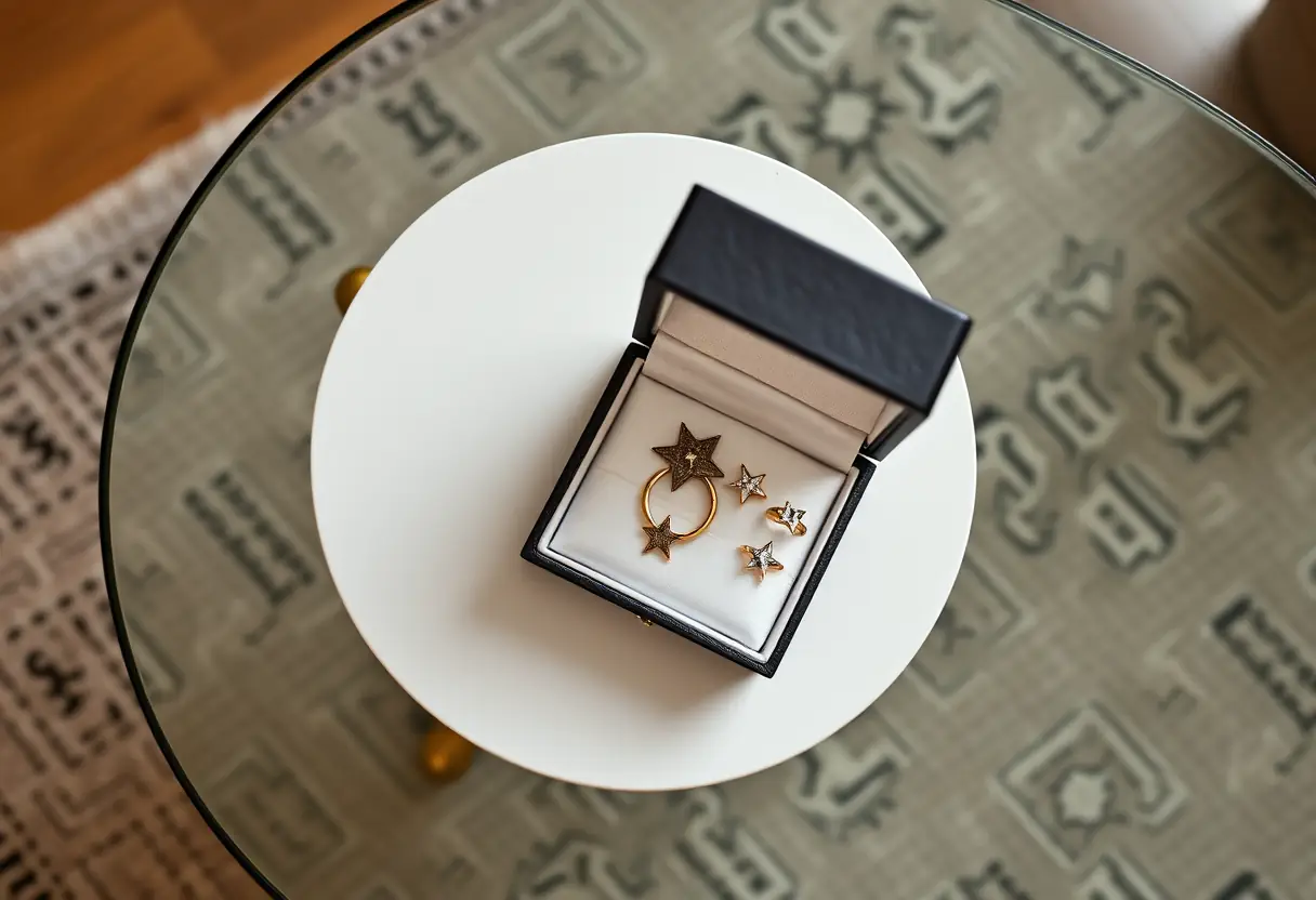 Vue d'ensemble d'une boîte à bijoux ouverte sur une table basse, révélant plusieurs bagues étoile disposées soigneusement à l'intérieur