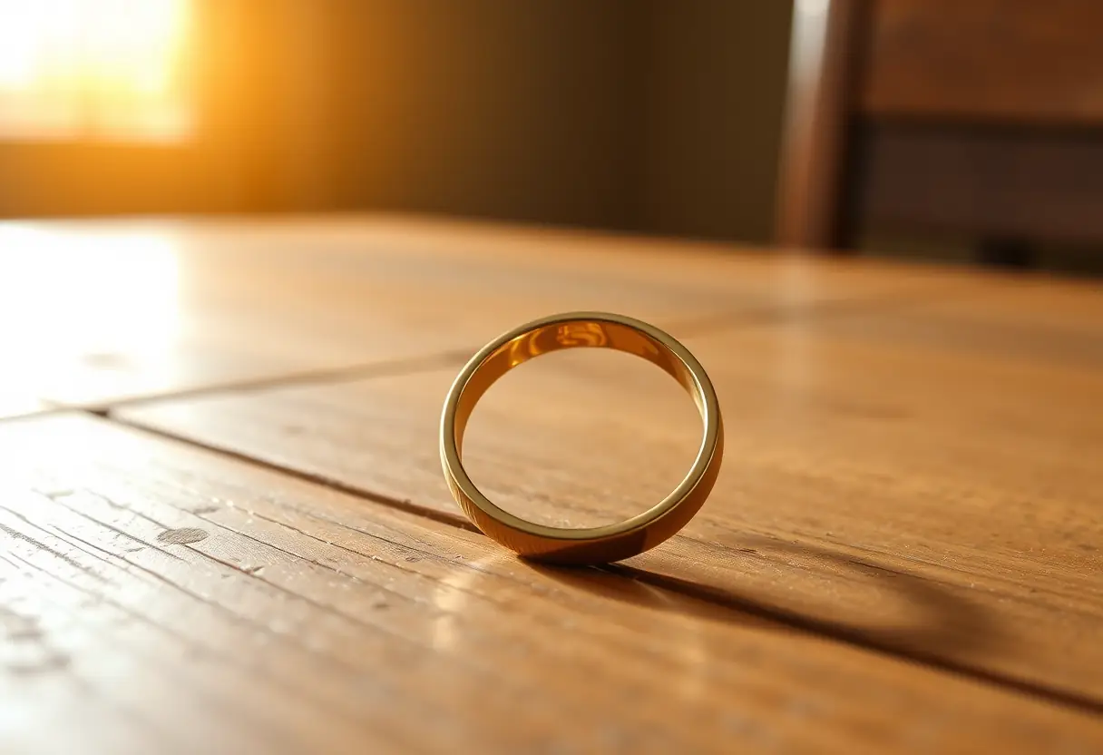 Bague ajustable en or sur une table en bois