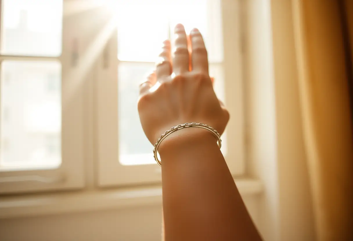 Femme posant délicatement un bracelet en argent à son poignet, lumière du soleil