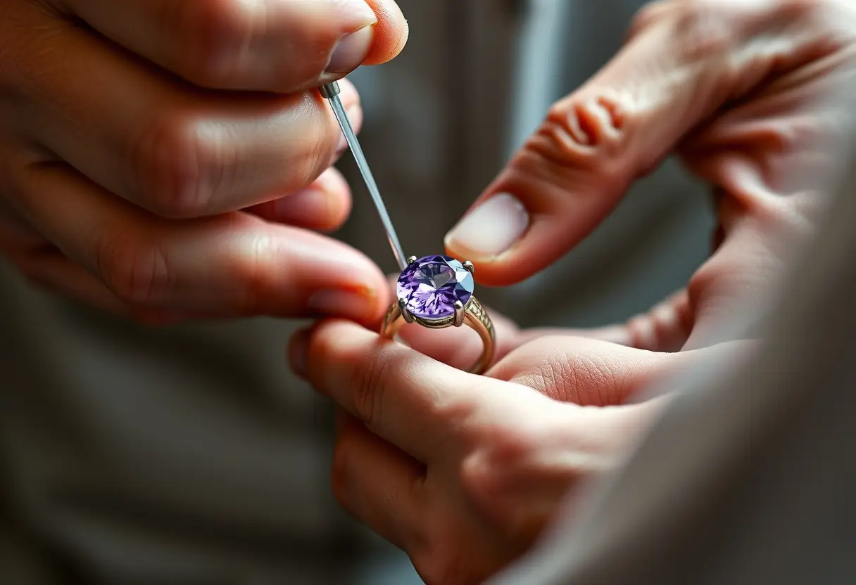 Des mains habiles posent une pierre rare dans une bague sur mesure