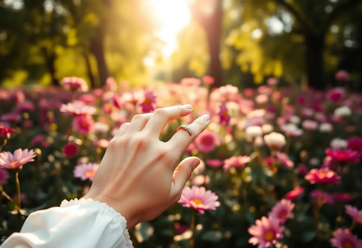 Main féminine posant délicatement une bague en or dans un jardin