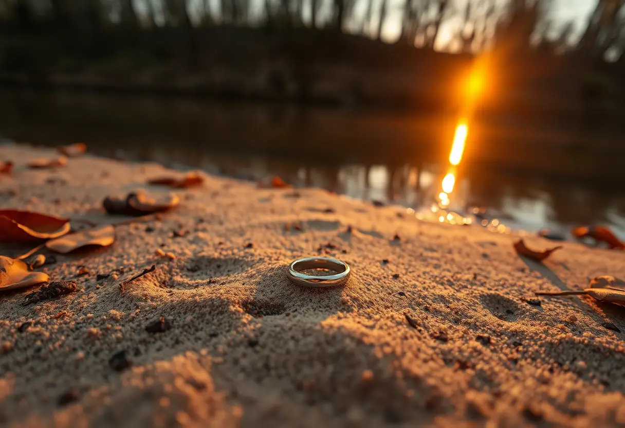 Anneau en argent sur une plage de sable au coucher du soleil