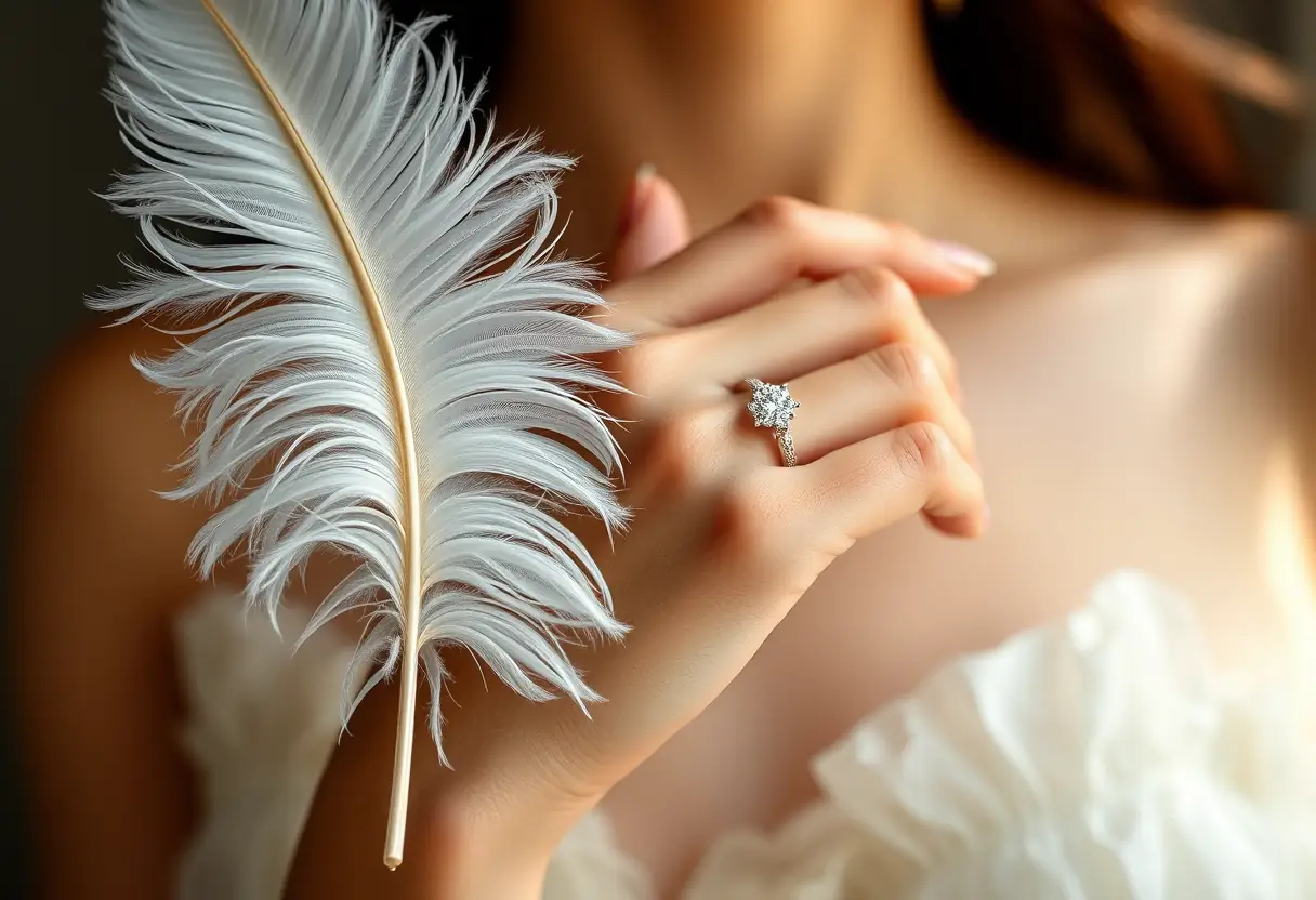 Main féminine portant une alliance fine diamant tenant une plume