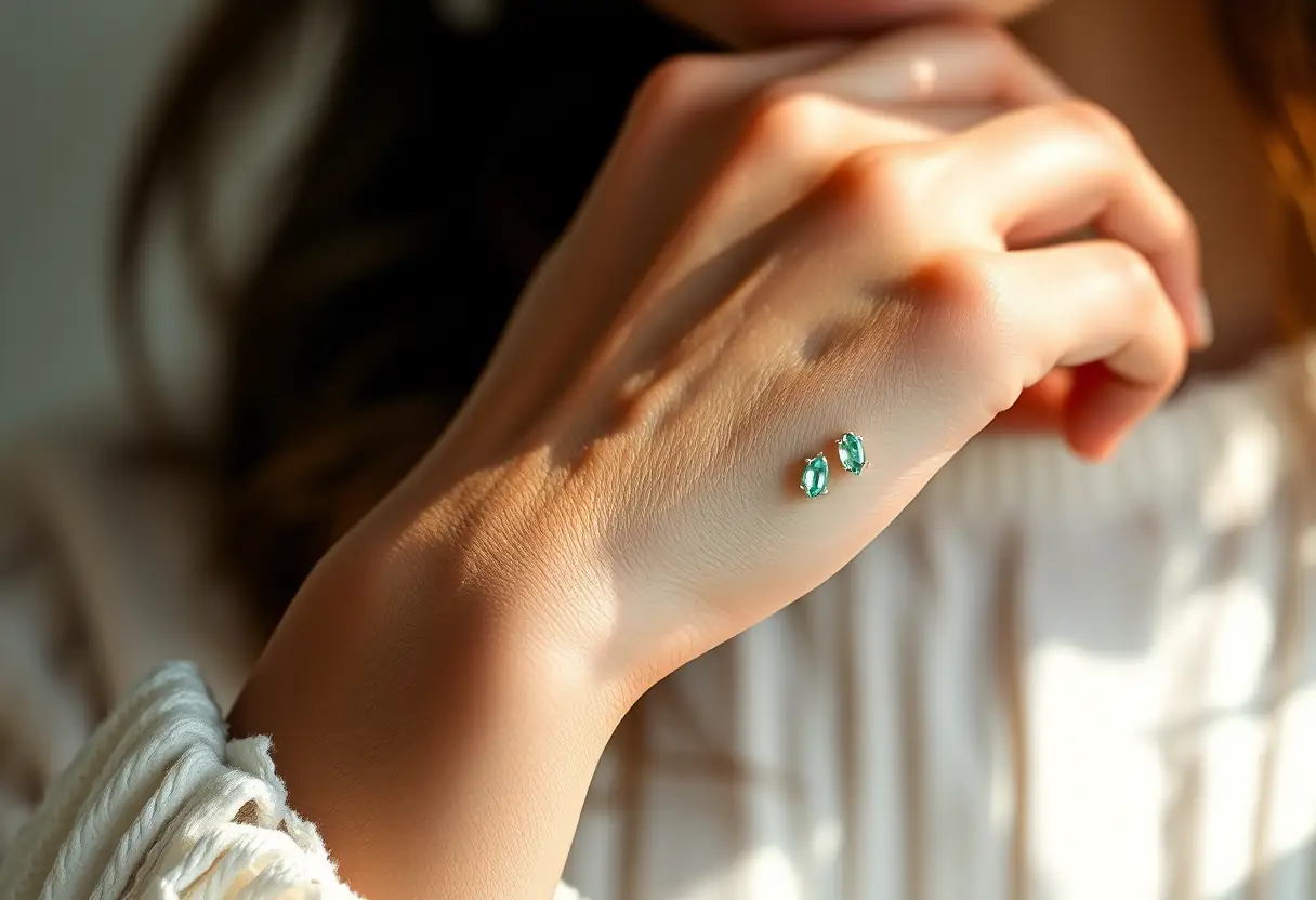 Une main féminine tenant une bague gitane détaillée avec des émeraudes et des diamants