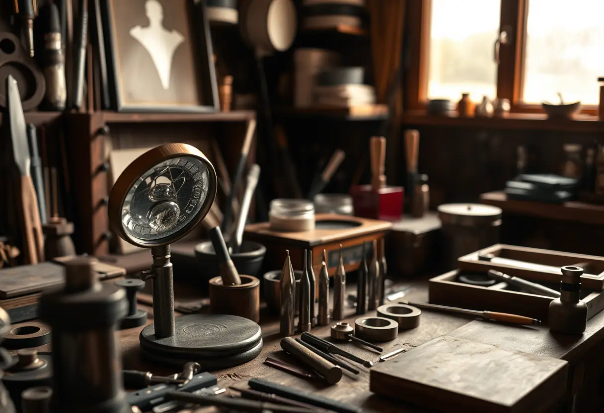 Atelier de joaillerie avec outils de gravure, lumière chaude