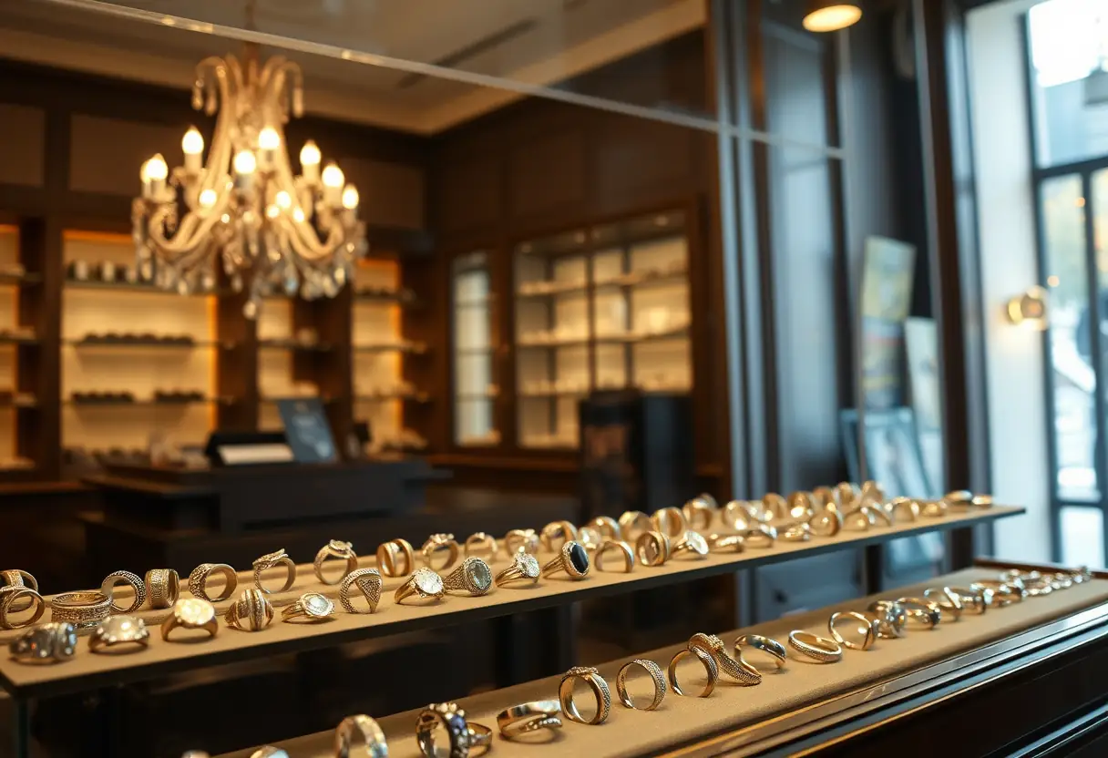 Une vitrine avec différentes bagues dans un magasin