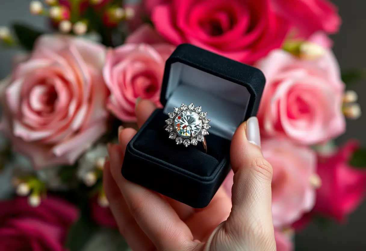 Main tenant une boîte en velours noir contenant une bague de fiançailles avec un diamant central entouré de petits diamants
