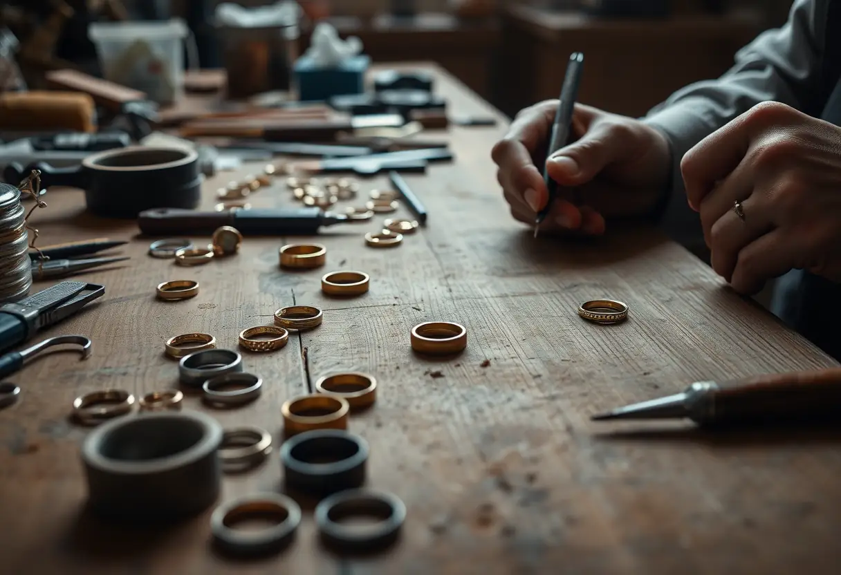 Atelier de joaillerie, mains travaillant sur une bague en or