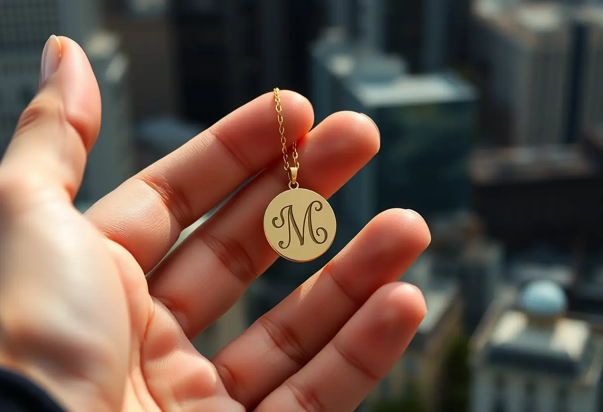 Pendaison en or avec initiales, bijou personnalisé contre fond urbain