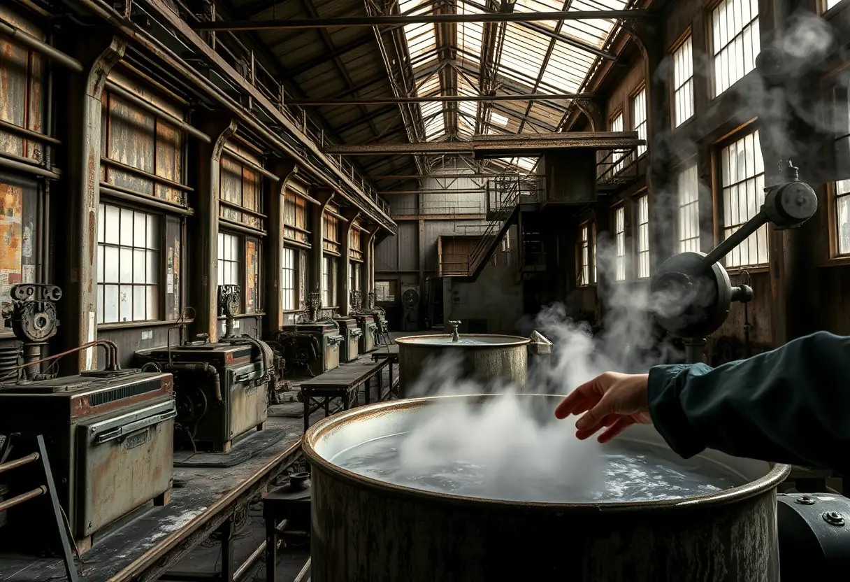 Une main d'ouvrière s'immergeant dans une cuve de liquide bouillonnant dans une ancienne usine, illustrant la découverte accidentelle de l'acier inoxydable