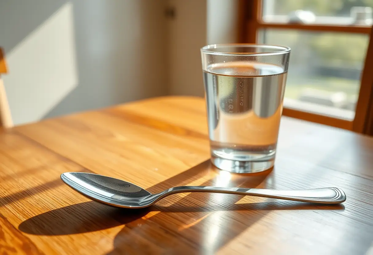 Cuillère en acier inoxydable sur une table de cuisine