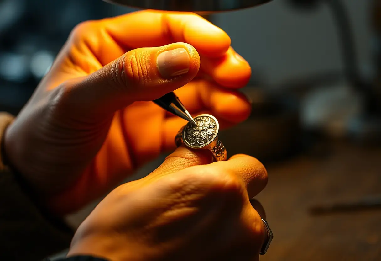 Main gravant un motif floral sur une bague en argent