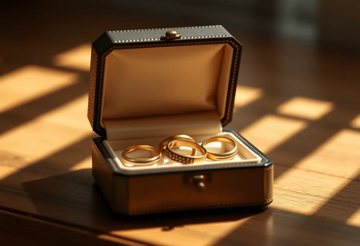 Une boîte à bijoux partiellement ouverte, révélant plusieurs bagues en laiton rangées à l'intérieur
