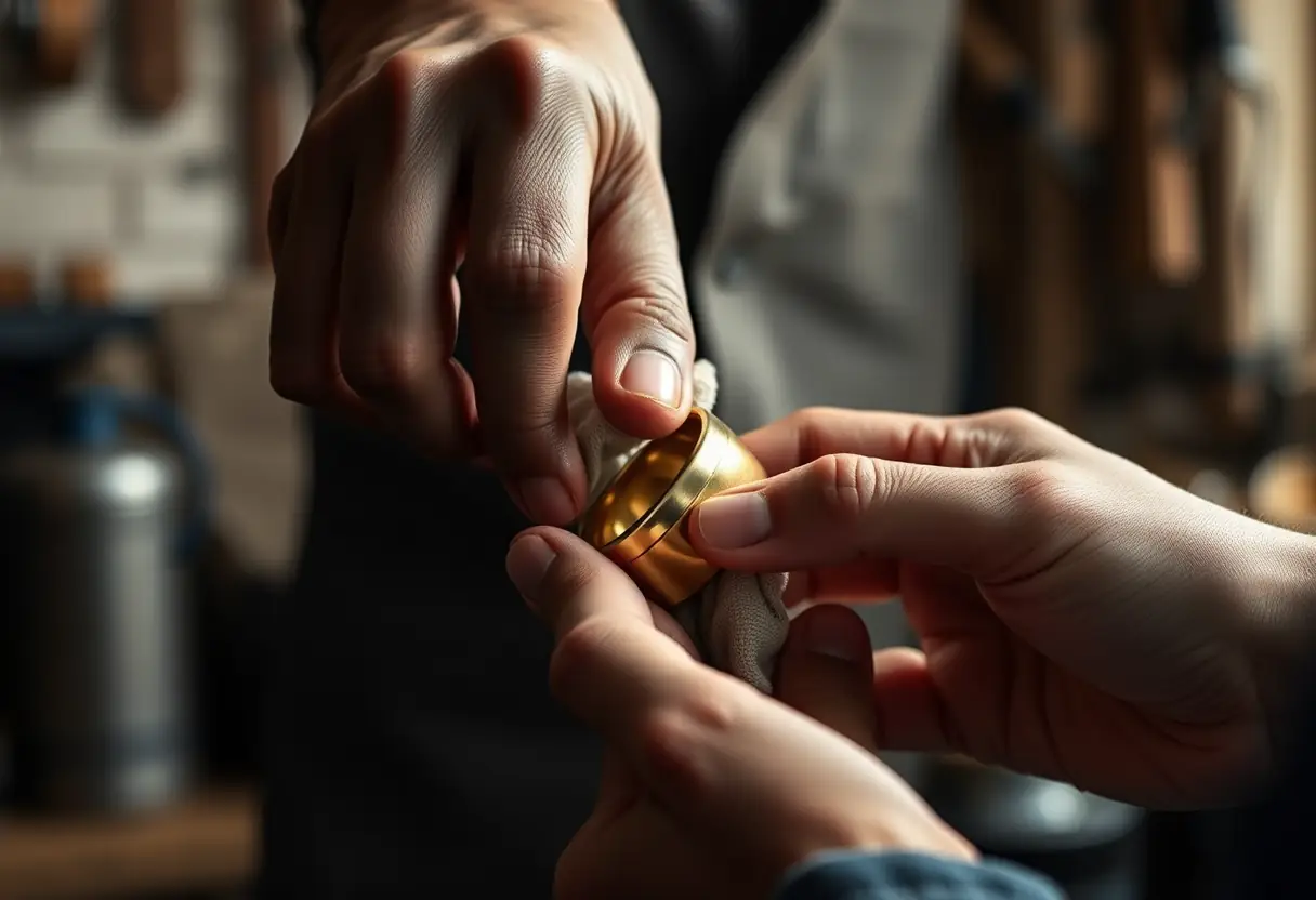 Main polissant une bague large en or dans un atelier