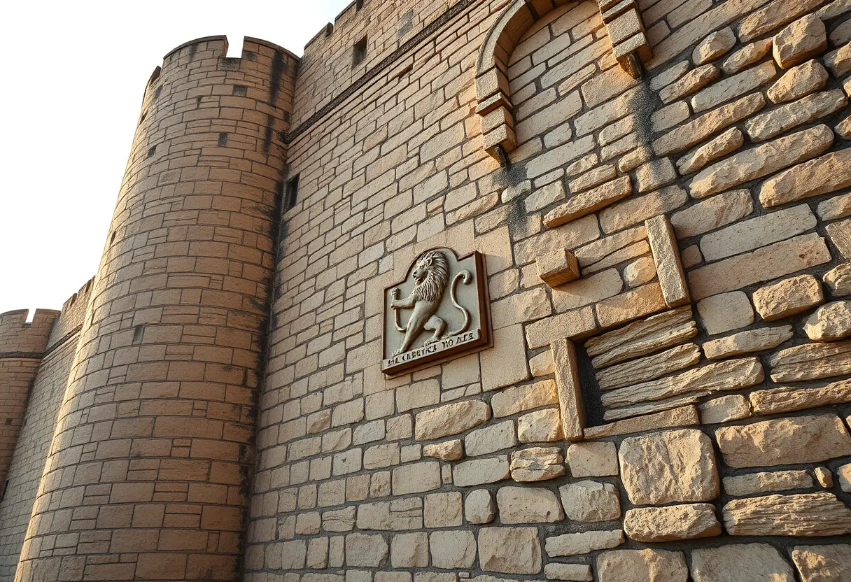 Un mur de château médiéval avec un léopard gravé, symbole de courage et de bravoure.