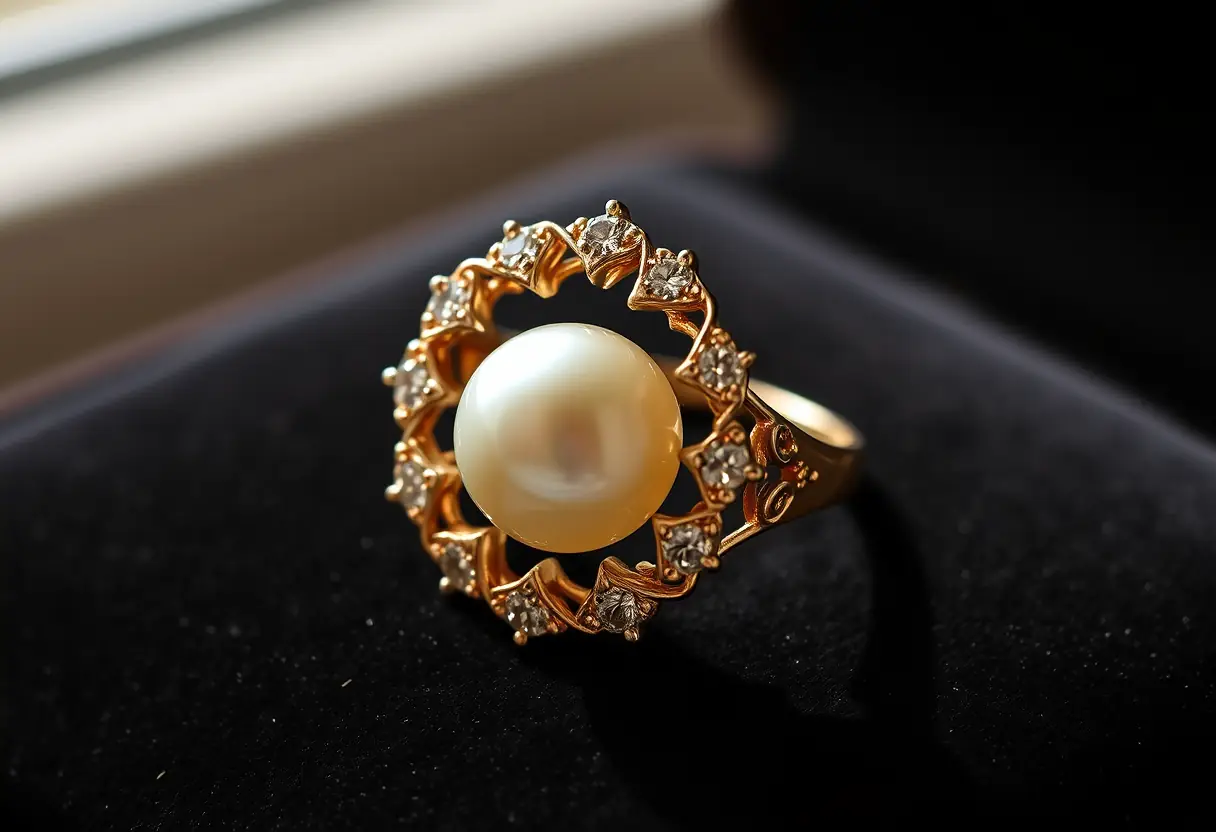 Anneau en filigrane avec perle et diamants
