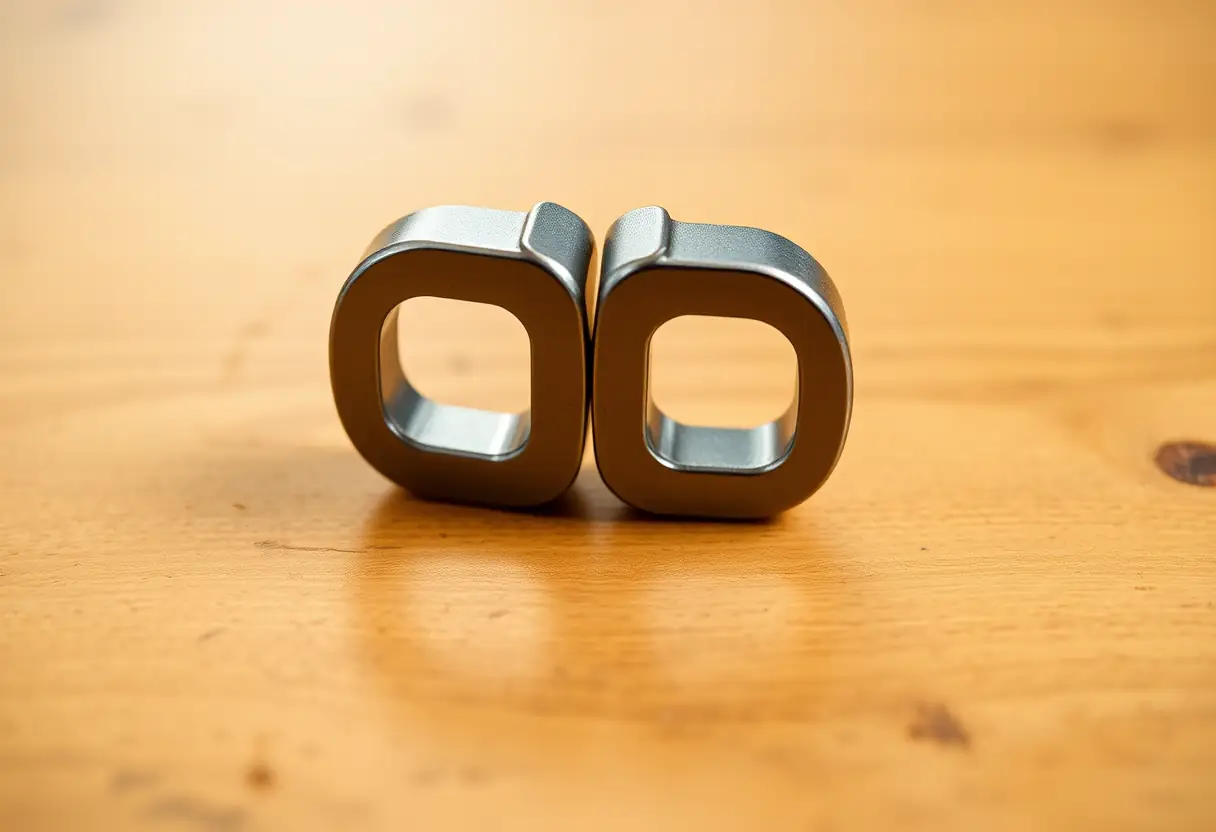 Deux aimants cylindriques alignés sur une table en bois