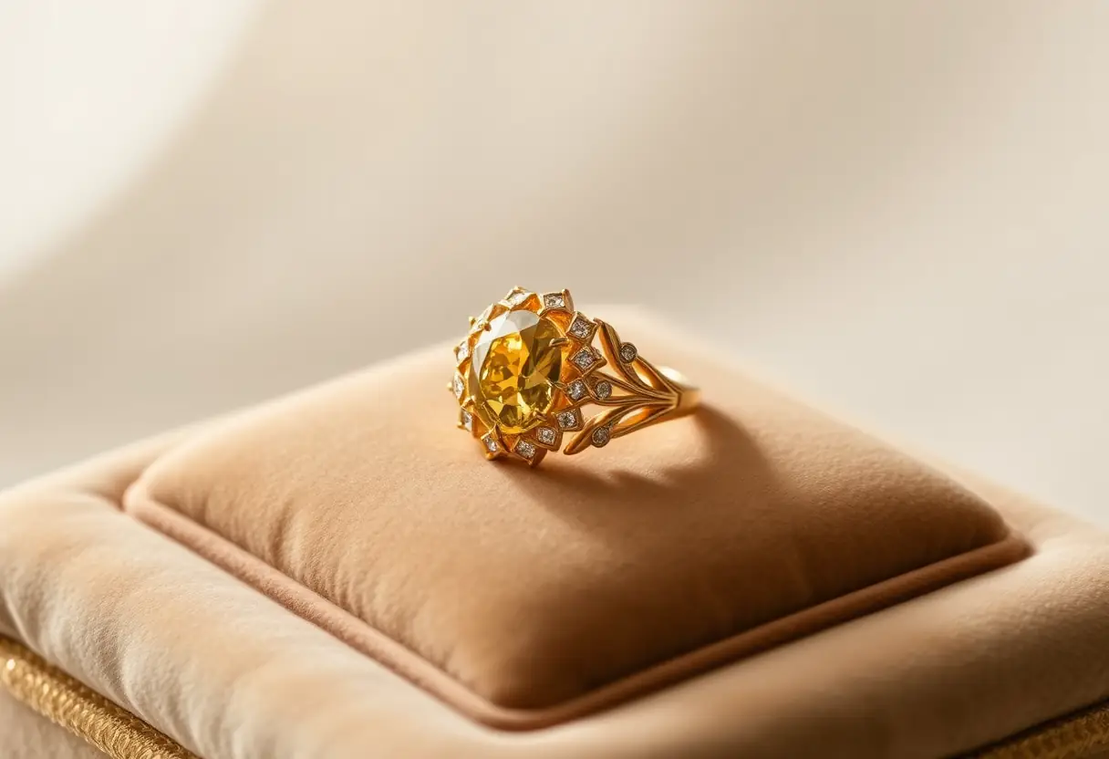 Anneau en or jaune 18 carats sur un coussin velours