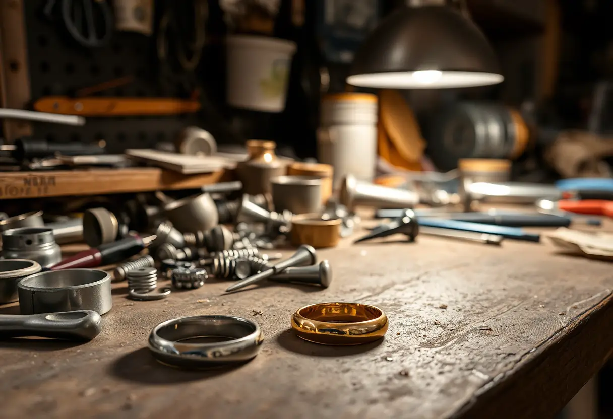 Bureau d'artisan avec divers outils et anneaux en métal
