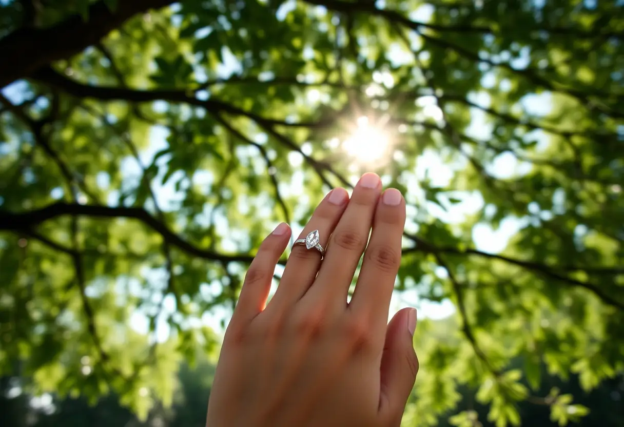 Main tenant une bague de fiançailles marquise sous un arbre, lumière naturelle filtrée par les feuilles