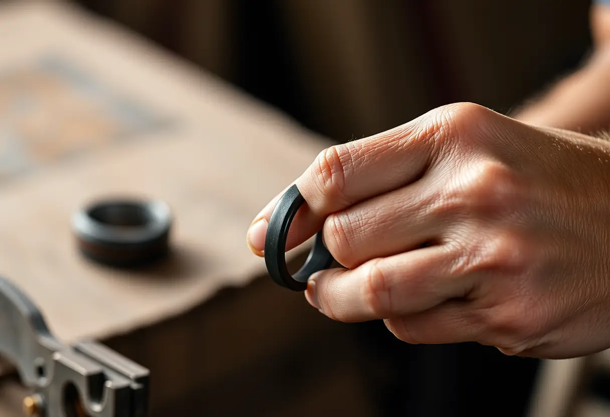Main façonnant un bout de bois foncé pour fabriquer une bague noire