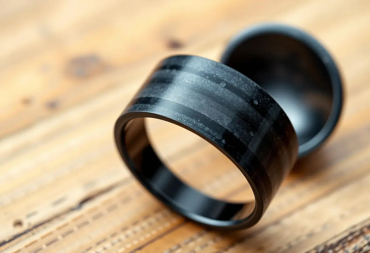 Une bague en carbone posée sur une table en bois, soulignant son design moderne