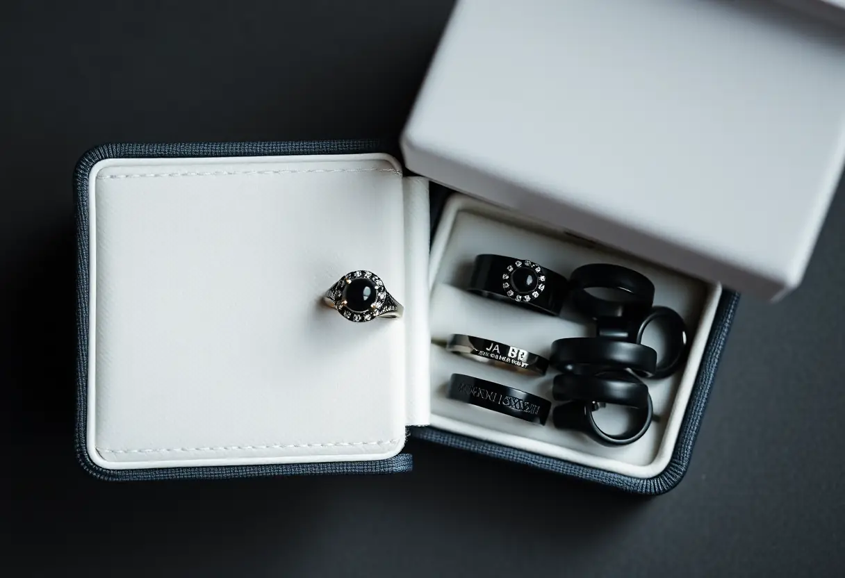 Boîte à bijoux ouverte montrant différentes bagues noires