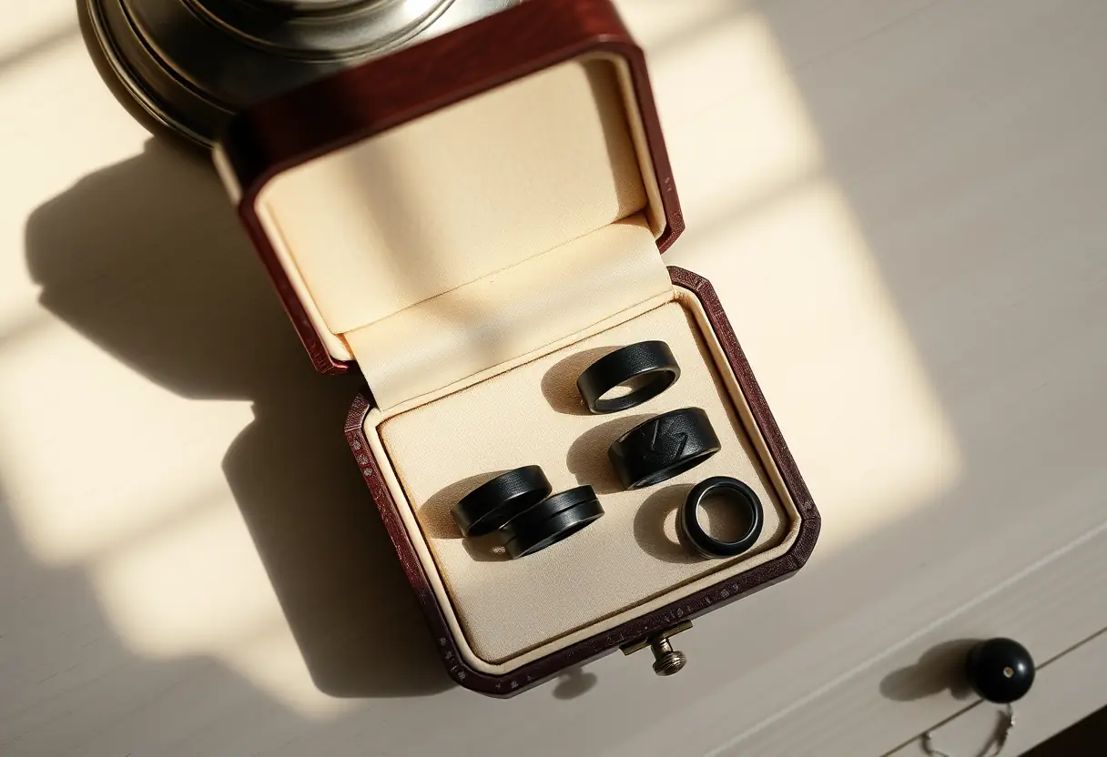 Boîte à bijoux ouverte montrant différentes bagues noires avec insert en cuir