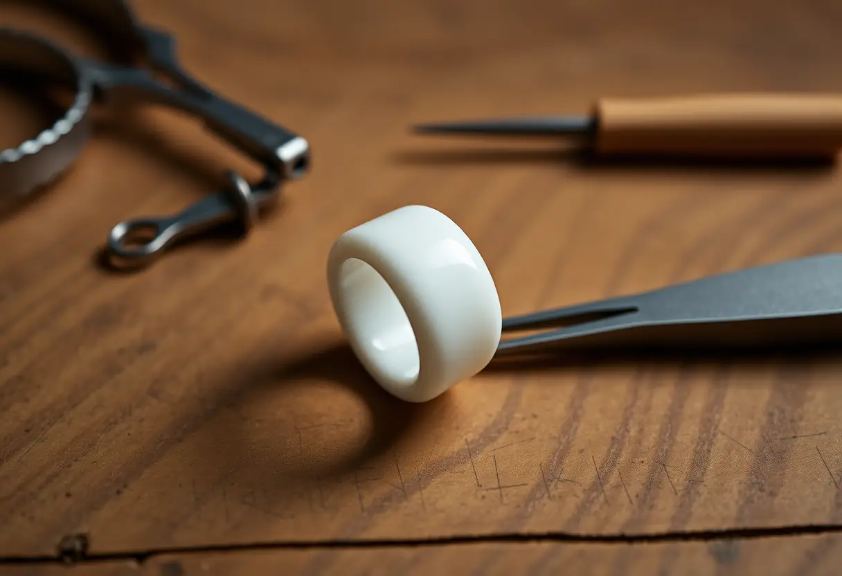 Un anneau de doigt en porcelaine posé sur une table avec des outils de manucure