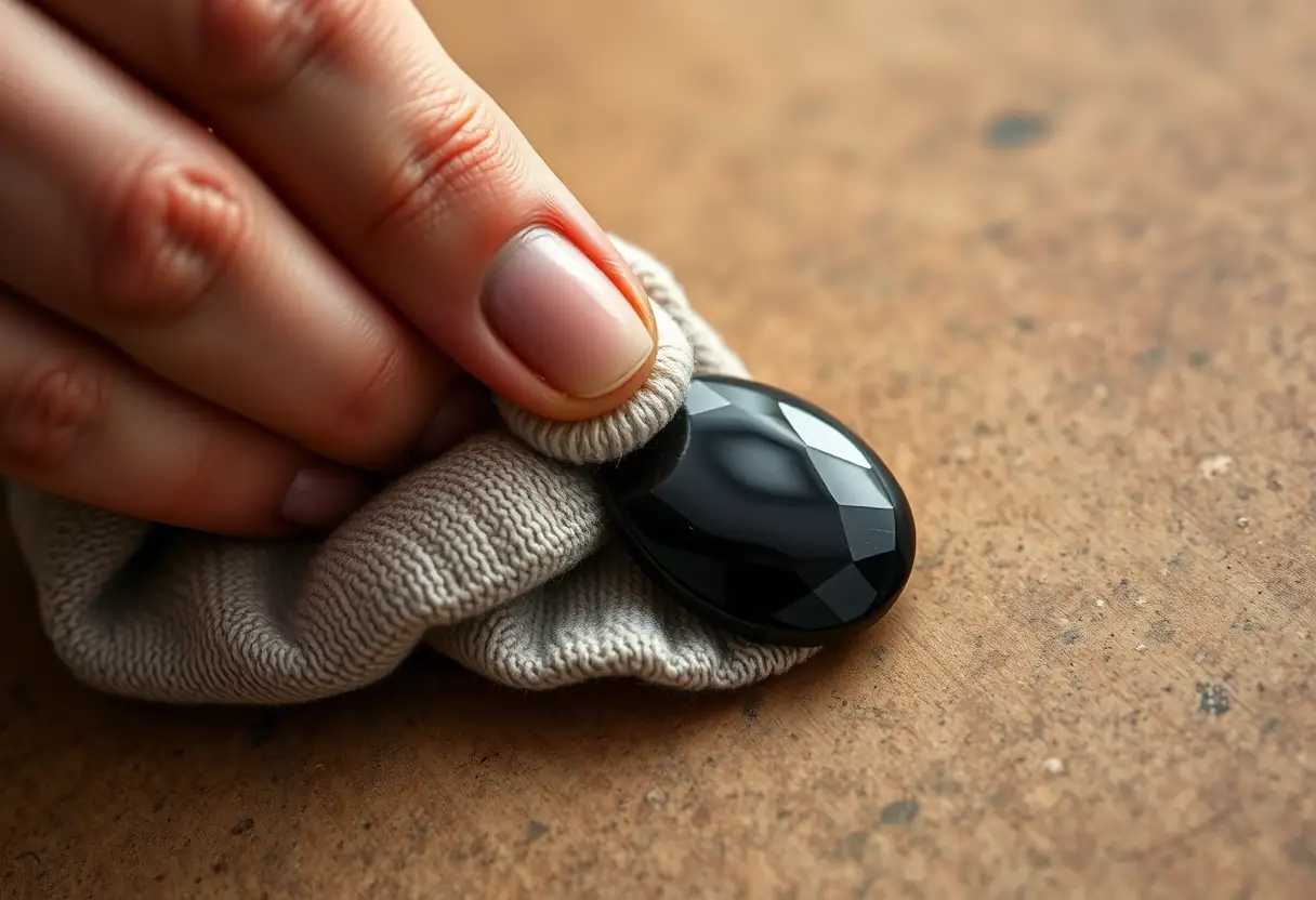 Une main polissant délicatement un pendentif en onyx noir