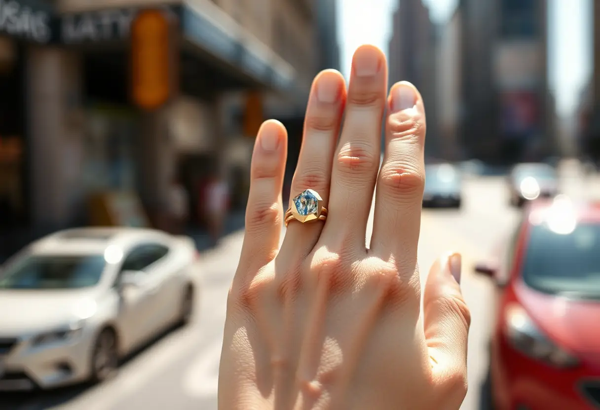Main féminine tenant un anneau géométrique en or 18 carats, ville en arrière-plan, bijoux contemporains