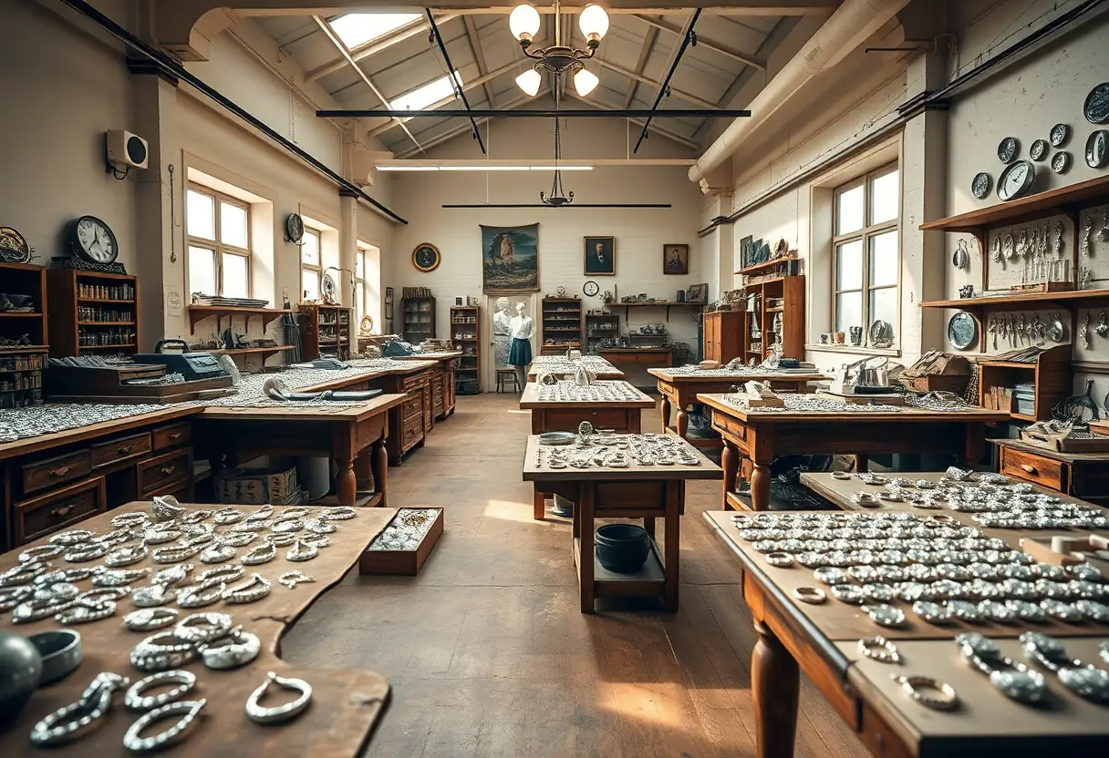 Atelier de joaillerie avec des pièces en or blanc disposées sur des tabliers de bois