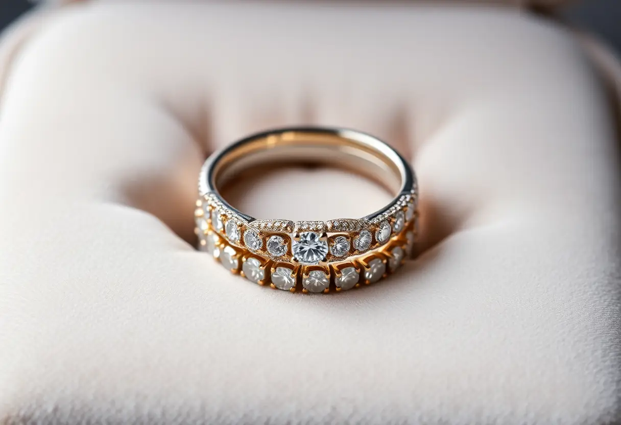 Anneaux à trois rangées de diamants sur un coussin velours
