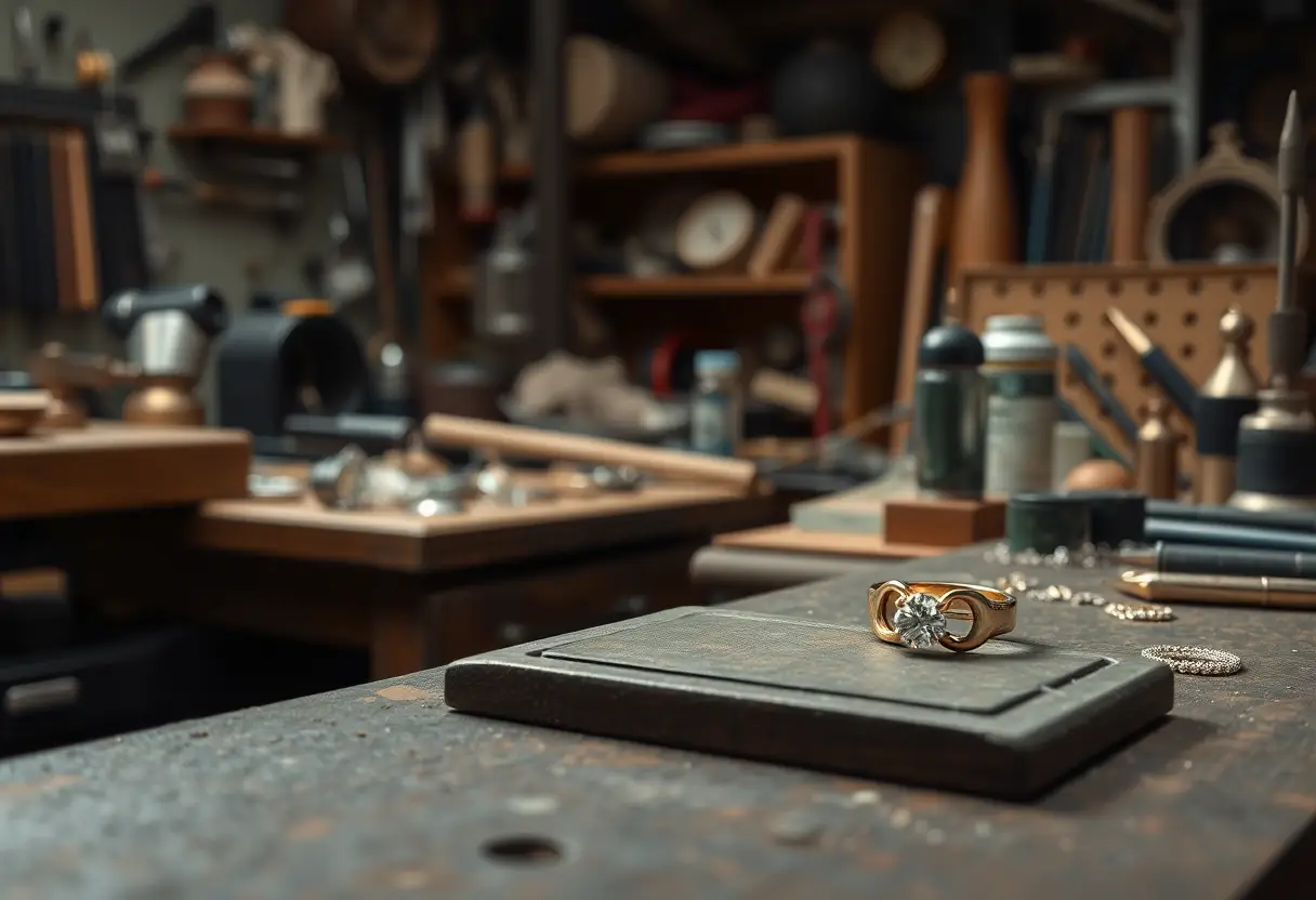 Atelier de joaillier avec divers outils et bijoux en cours de fabrication, une bague en or rose et diamants sur le bureau de travail