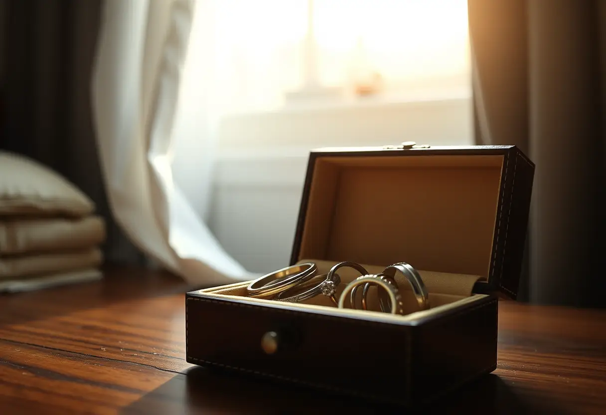 Boîte à bijoux ouverte révélant des bagues et bracelets en argent, éclairée par la lumière du matin