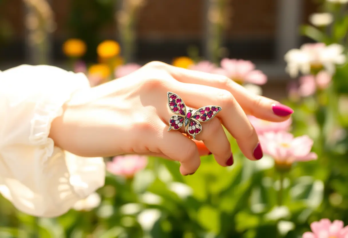 Main tenant une bague papillon au jardin