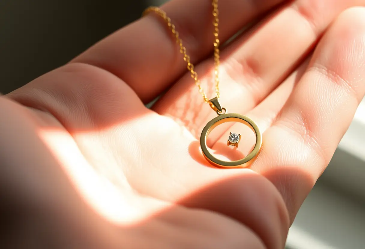 Une main tenant une bague pendentif en or avec un petit diamant