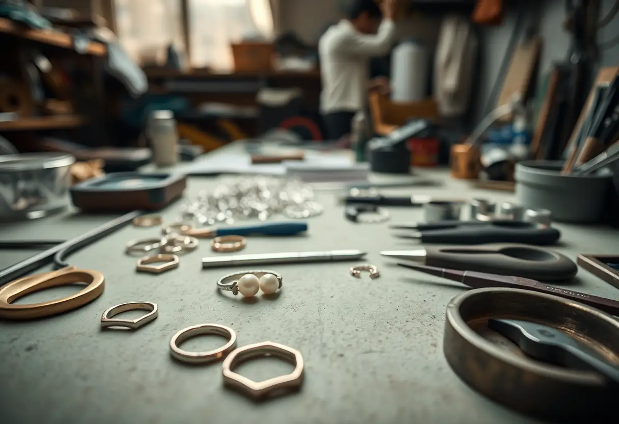 Atelier de joaillerie avec outils et bagues perles en cours de fabrication