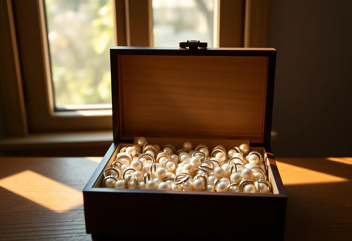 Boîte à bijoux contenant des bagues perlées